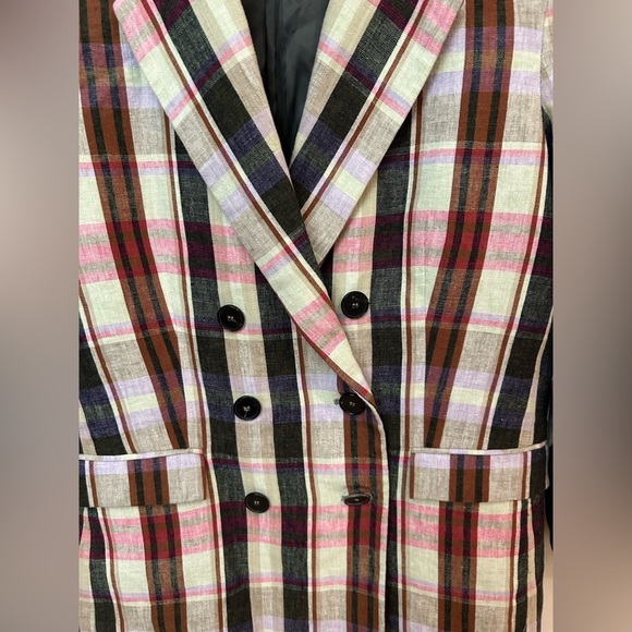 MANGO plaid double breasted linen/cotton blend blazer size S - Picture 6 of 8